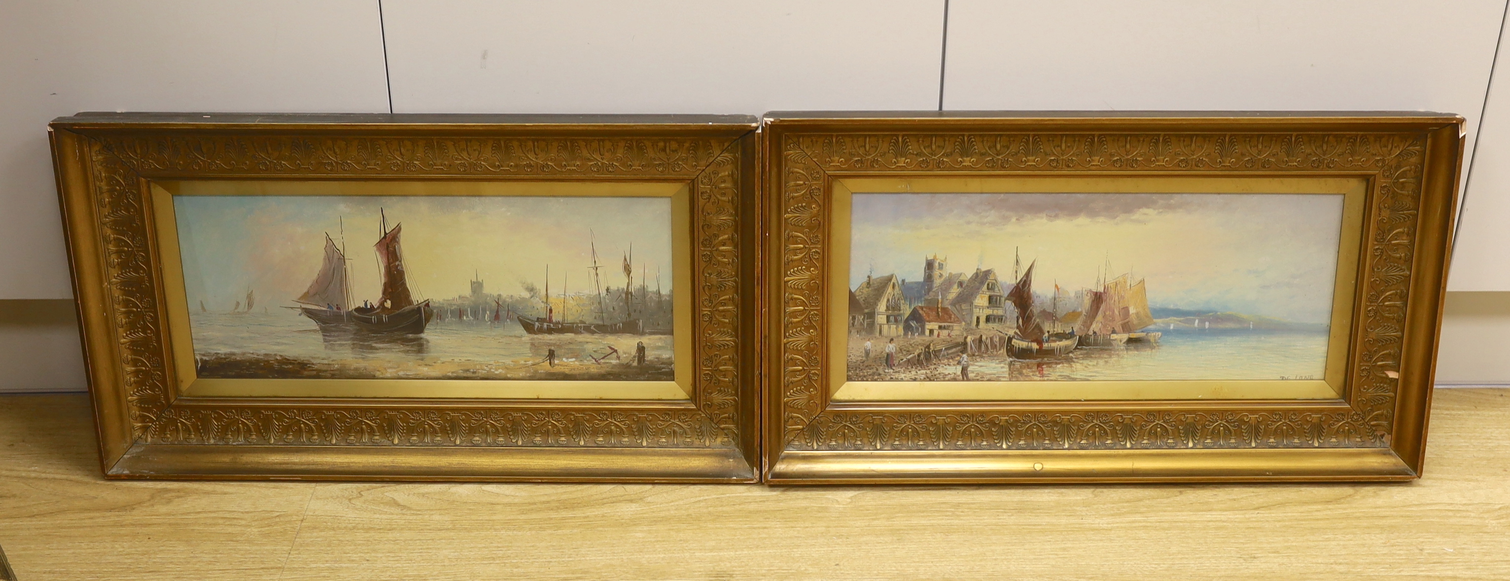 19th century, Continental School, pair of oils on board, Coastal scenes with moored fishing boats, one indistinctly signed, partially obscured by the mount, 18 x 46cm, ornate gilt framed